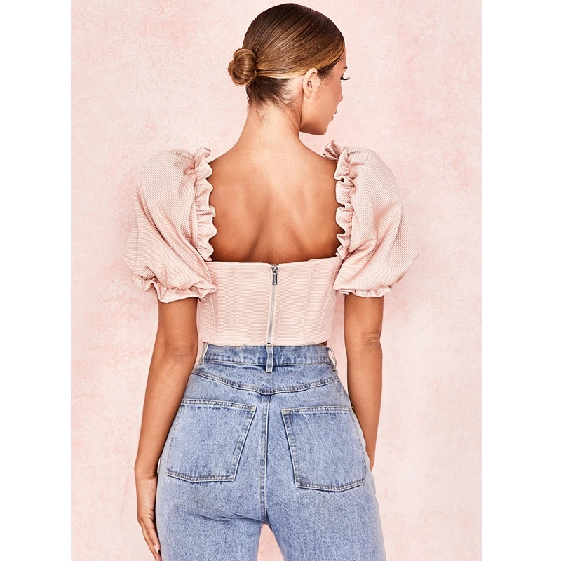 New Style Women Crop Top Pink Puff Sleeve Summer Top Sexy Plus Size Design Casual Outfit Clothing Party Short Tops Wholesal
