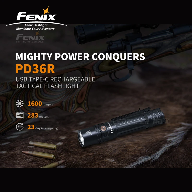 USB Type-C Charging Fenix PD36R 1600 lumens Ultra-compact Rechargeable Tactical Flashlight with 5000mAh Li-ion Battery
