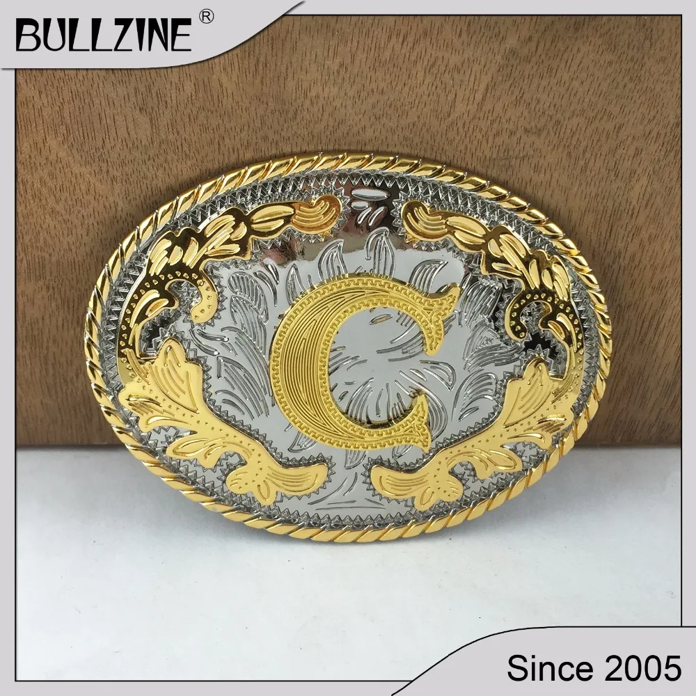 Ремень Bullzine в западном стиле с надписью C пряжка серебристым и золотым покрытием