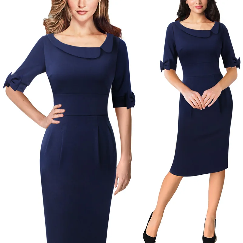 Dark Blue Vfemage, женское винтажное асимметричное платье с отворотом, бантом и рукавами до локтя, для работы, бизнеса, офиса, на каждый день, вечерние, облегающее платье-футляр, 991 - Цвет: Dark Blue
