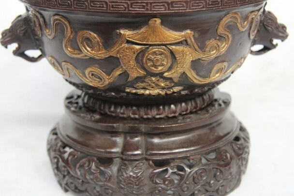 Elegant old S1312 China Old Bronze Copper Carved Eight treasures Dragon Head Incense Burner Censer statue | Дом и сад