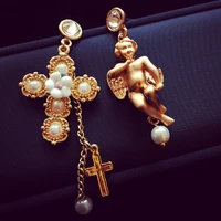 charmcci boroque vintage pendientes angel cross crystal and bow pearl double sided earring