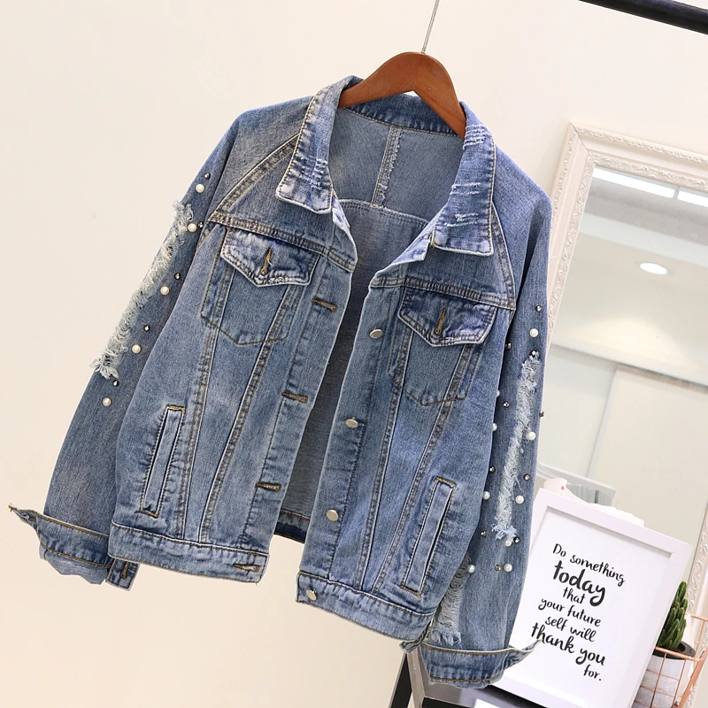 Женская джинсовая куртка с карманами демисезонная рваная 9CT0013 - купить по