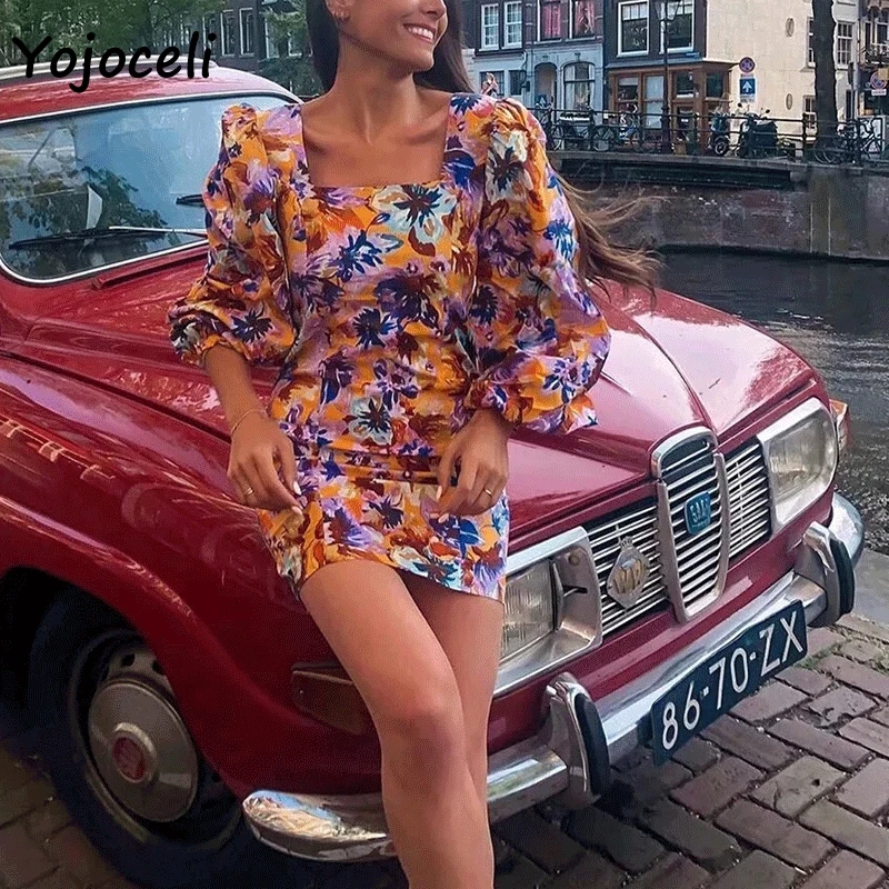 Женское платье Yojoceli уличное мини-платье с рукавами-фонариками и принтом 2019 |