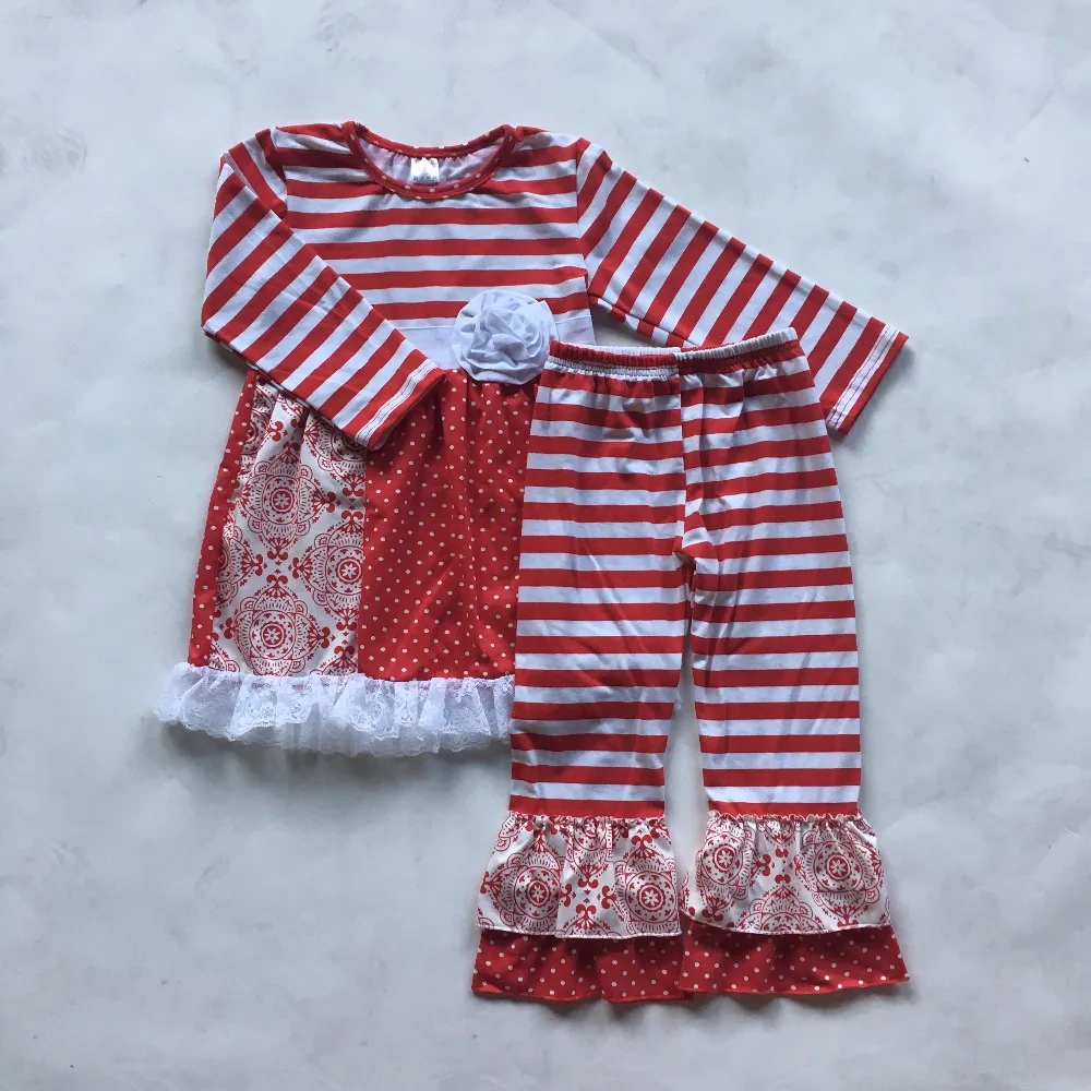 New Designs Girls Boutique Clothing Sets Full Sleeve Floral Ruffle Red Striped Pants Fall Wholesale Baby F194 | Детская одежда и