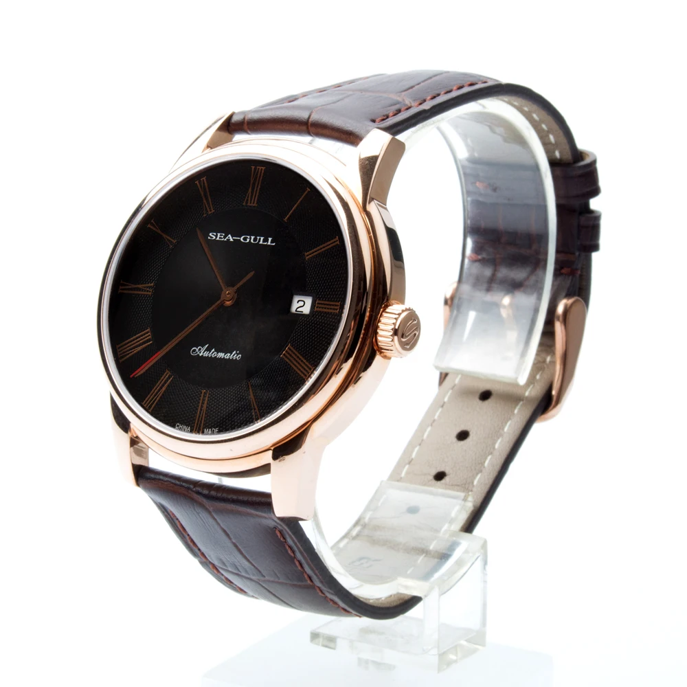 Чайка Натуральная кожа ремешок Золотой Тон черный циферблат 3 руки гильош