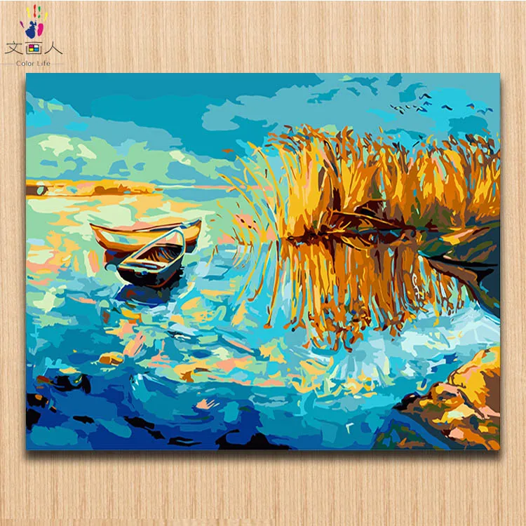Yacht boat Blue ocean pictures painting by numbers with colors modren simple canvas paintings for children | Дом и сад