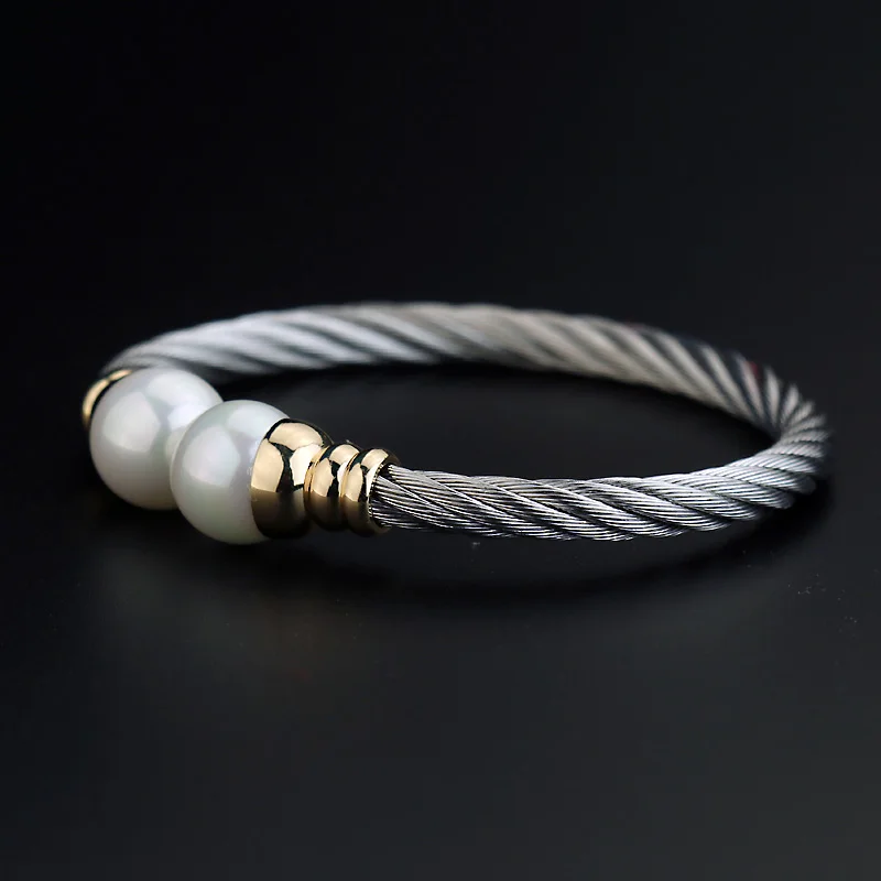 CHRAN Classic Stainless Steel Twisted Cable Bracelets &amp Bangles for Women Fashion Imitation Pearl Costume Brand Jewelry | Украшения и