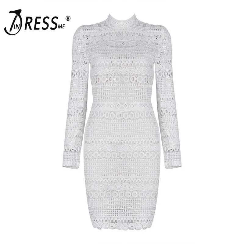 

INDRESSME Sexy Lace Mini Full Sleeve Turtleneck Solid Hollow Out Fashion Autumn Pretty Women Lady Bandage Dress 2019 New Arrival