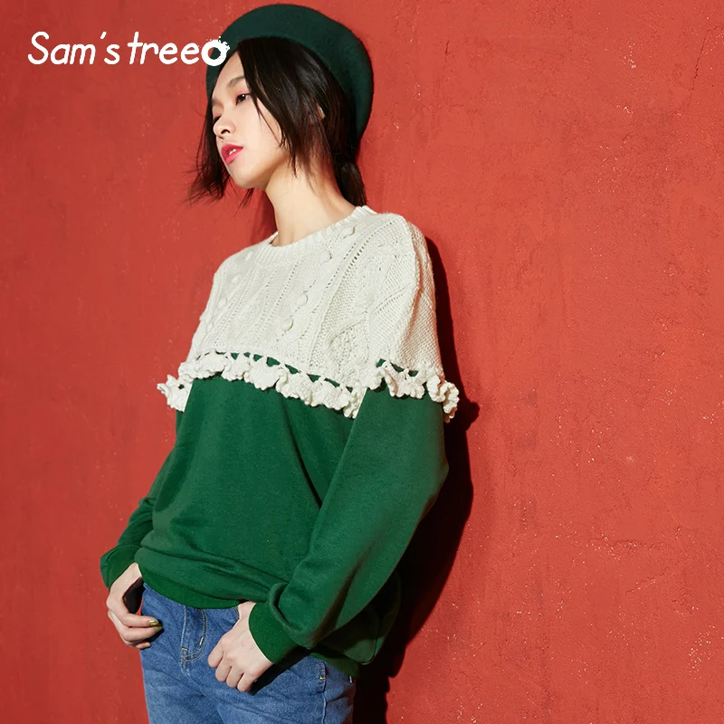 Samstree, корейский стиль, милые женские свитшоты, пэчворк, оборки, вязанные женские свитшоты, круглый ворот, длинный рукав, пуловер для девочки