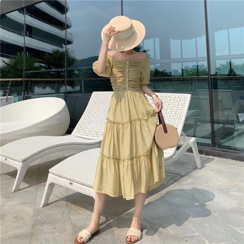 Летнее платье 2019 Корея ретро одежда короткий рукав плиссированные платья