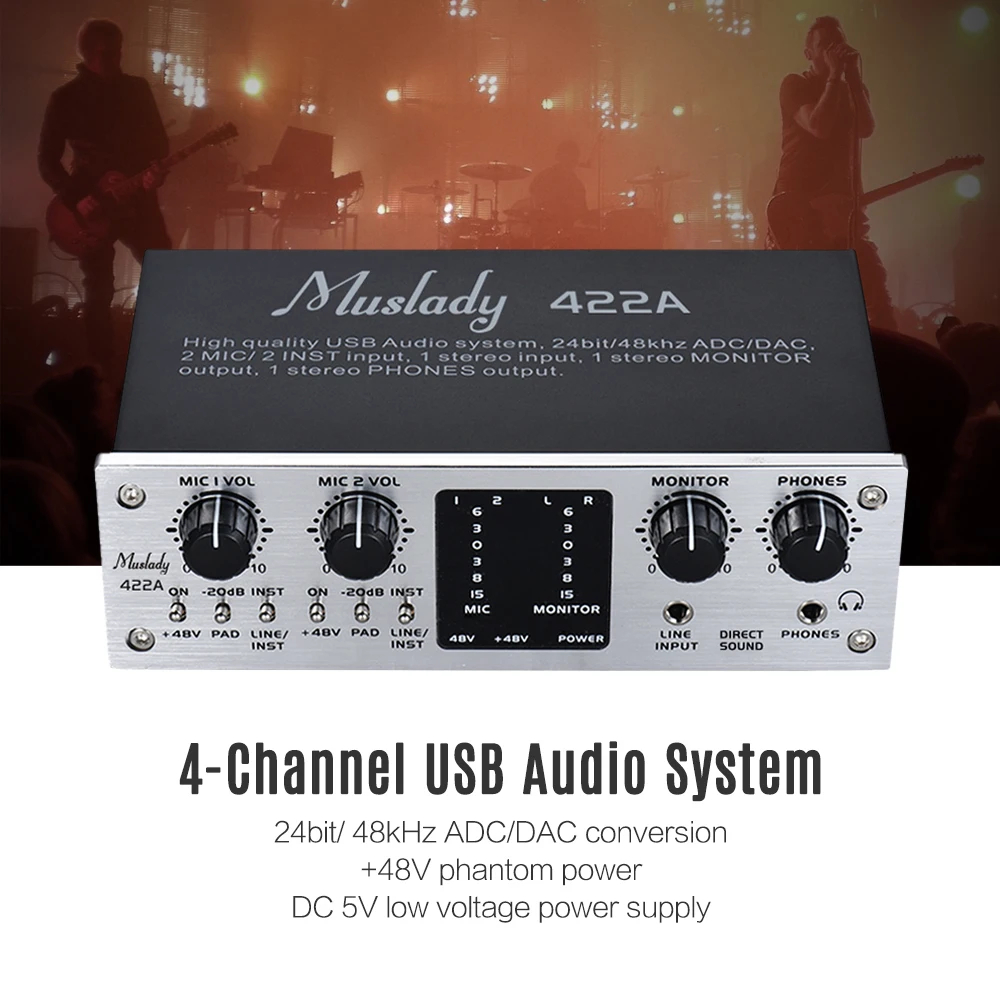 4 канальный аудио Системы Интерфейс внешняя звуковая карта + 48V phantom Мощность DC 5V