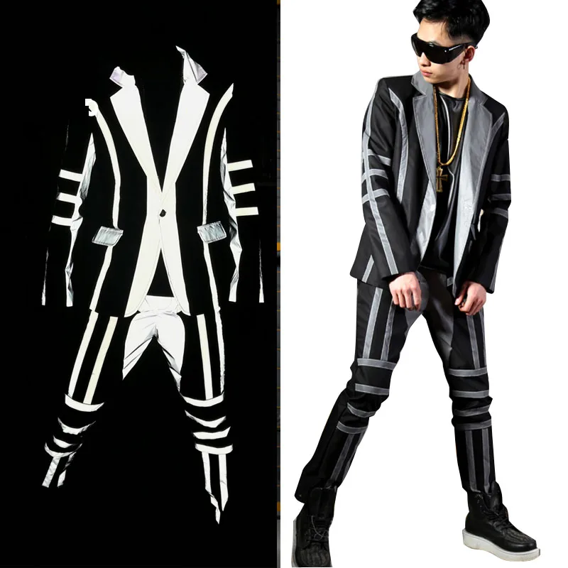 

Tailor-made Men Reflective Stripe Splice Suit Sets Male Nightclub Fashion Hip Hop Singer Dancer Stage Wear Costumes