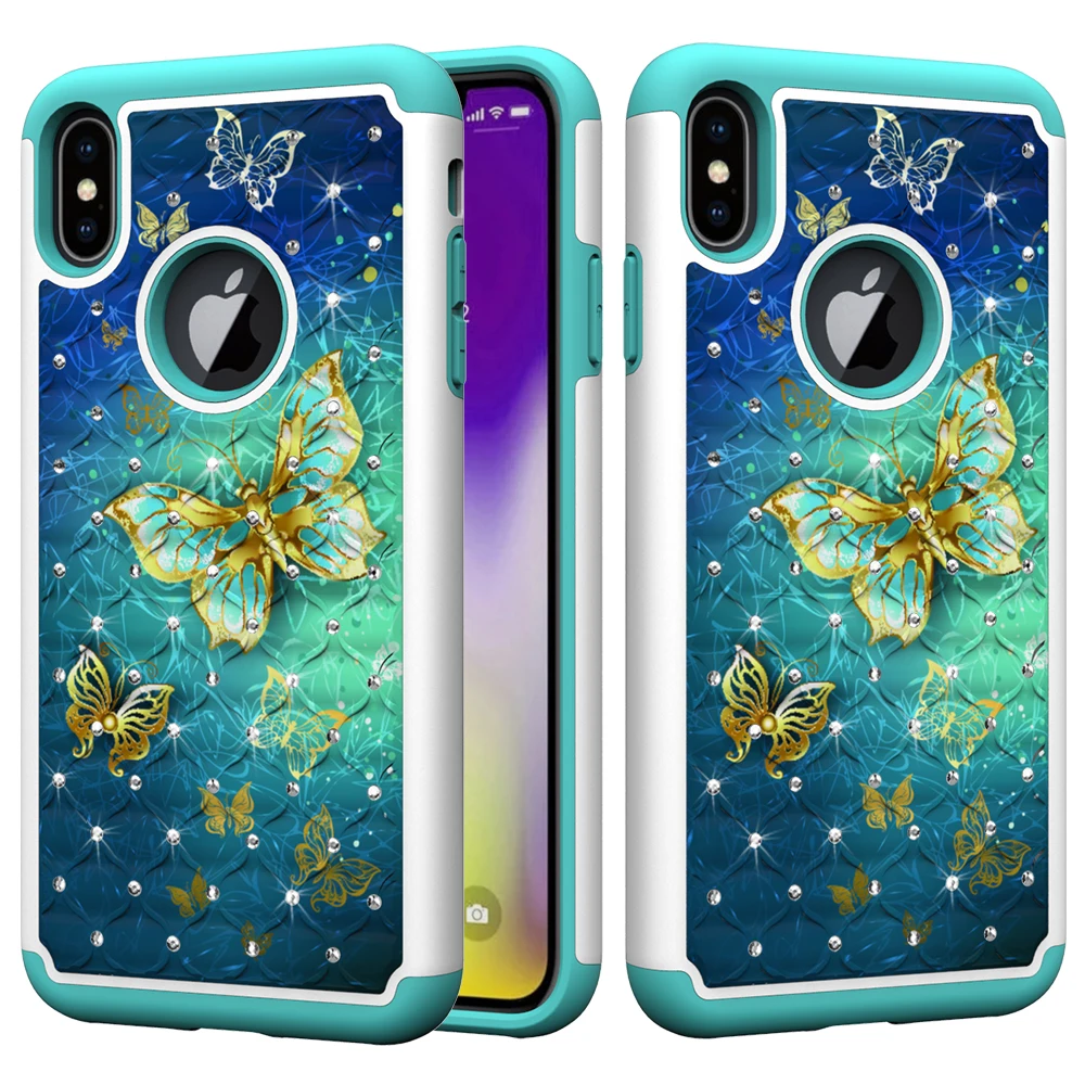 Чехол для телефона Iphone XR Xs Max X 2 в 1 с блестящими кристаллами Ударопрочный Мягкий