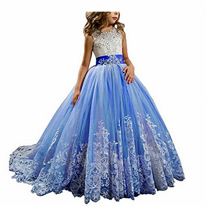 Royal blue Платья для девочек, держащих букет невесты на свадьбе, с бантом, расшитым бисером, со стразами, на шнуровке, с аппликацией, бальное платье, платье для первого причастия для девочек, на заказ - Цвет: Royal blue