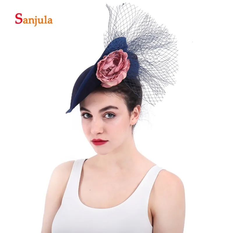Navy Blue Women's Formal Party Headwear with Flowers Fashionable Fascinators Bridal Tulle Hats pamelas sombreros bodas H23|Свадебные
