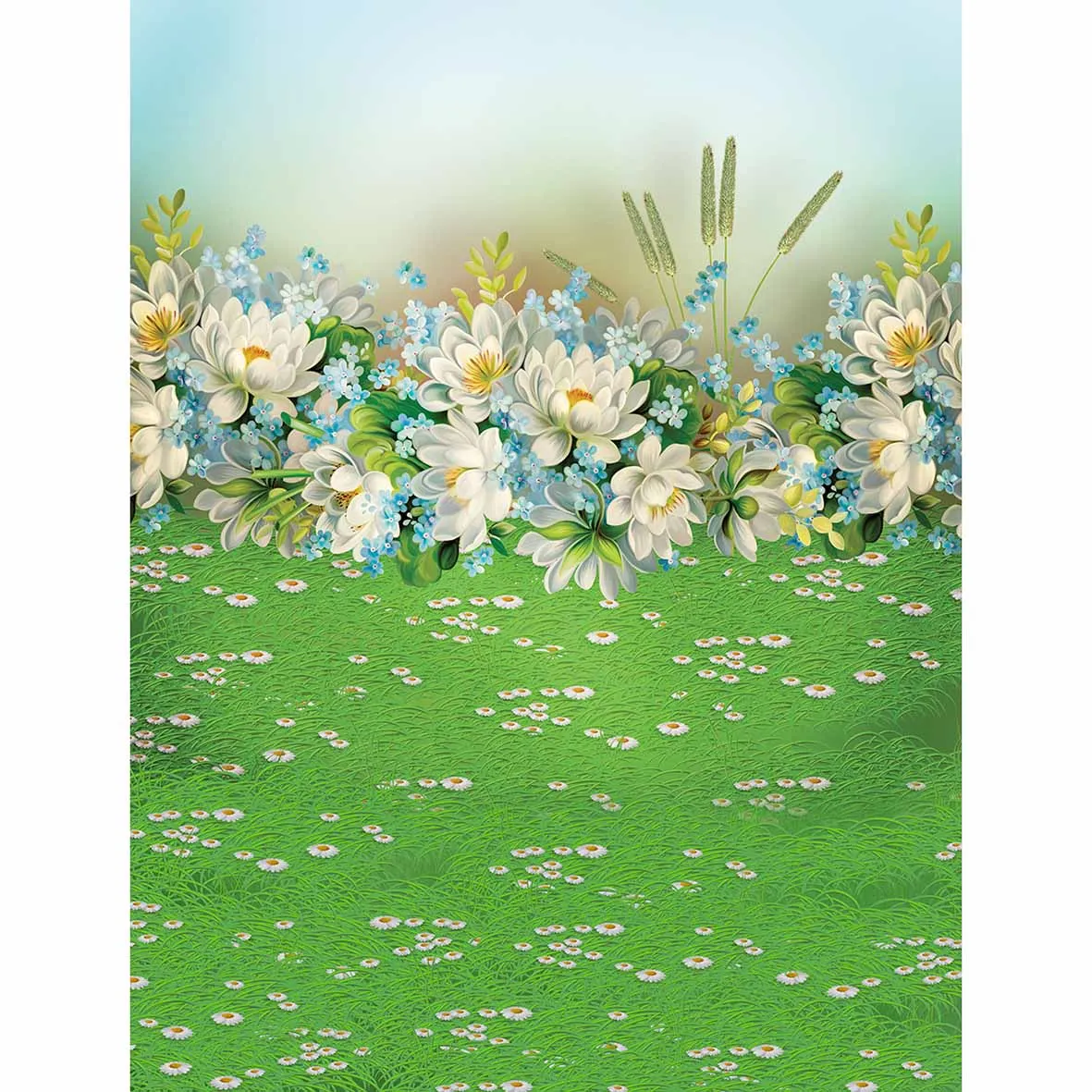 Allenjoy photographic background Grass white flowers cartoon scenery backdrop photocall Children's photography studio HD files |