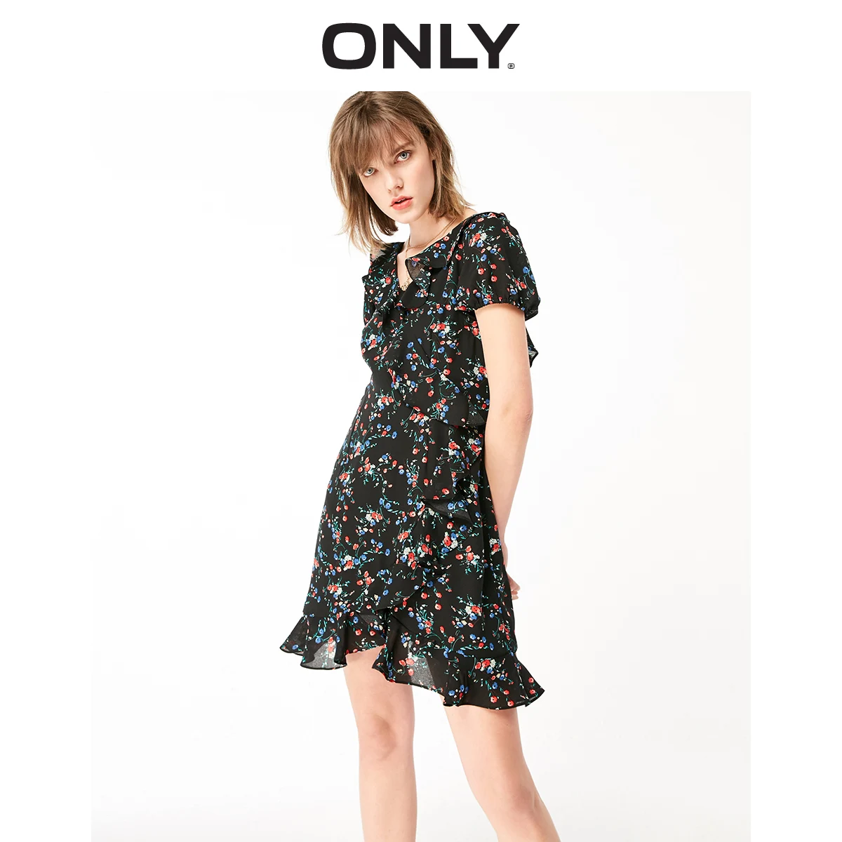 Только Весна Лето Новое гофрированное шифоновое платье | 119107722 - Цвет: FLORAL BLACK AOP