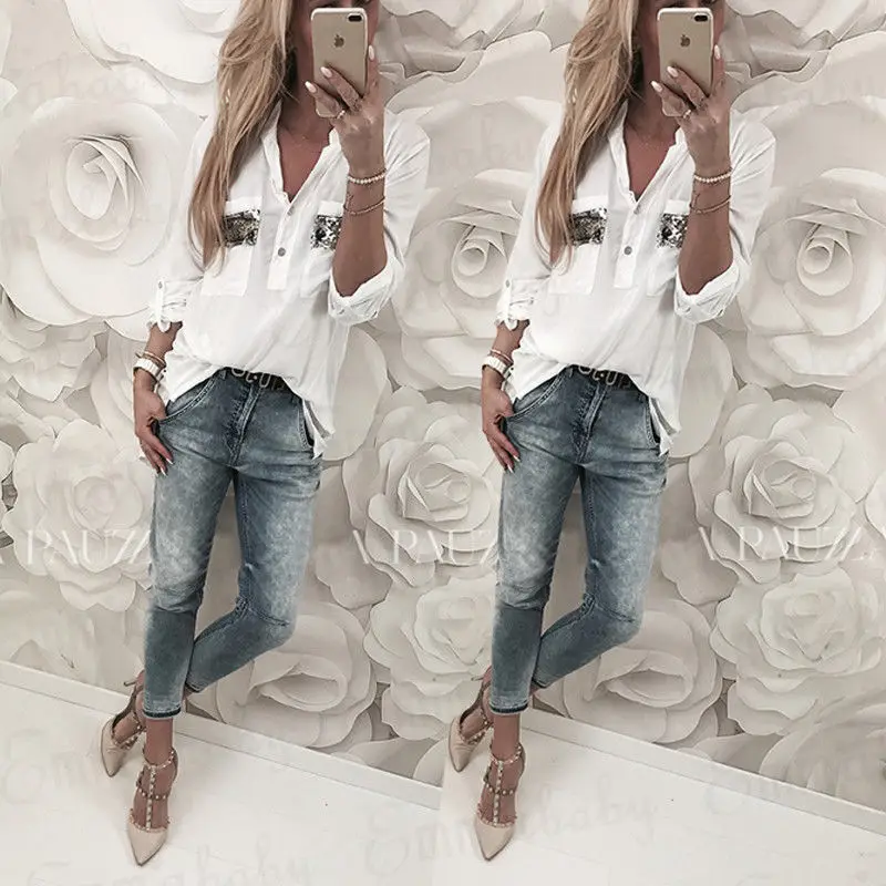 Autumn Women Long Sleeve Shirt Female Loose Cotton Blouses Casual V-neck Shirts | Женская одежда