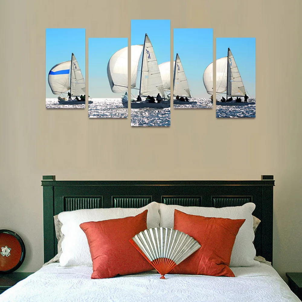 5 Panels Canvas Print White Sail boat on Ocean Painting Wall Art Picture Home Decoration SEA01417 |