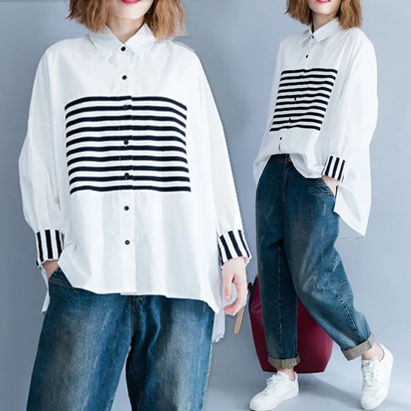 

BIG SIZE 4XL NEW Spring Autumn Women Fashion Elegant Solid Stripe Tops Lady Female Plus Large Loose Cotton Spliced Blouse Shirt