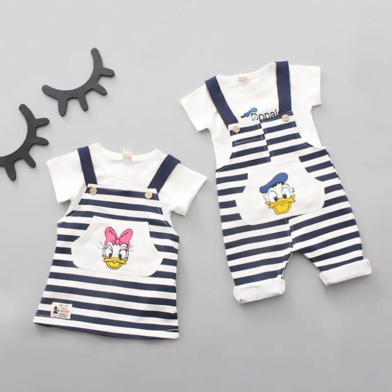 2019 Summer Baby Clothes Cartoon T-shirt Donald Duck Suspender Trousers 2Pcs Toddlers Short Sleeve Stripe Casual Sets 0-2Years | Детская