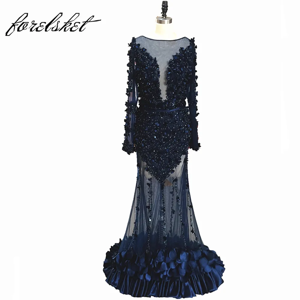 Темно синие вечерние платья с длинными рукавами 2019 Vestido de festa кружевные для
