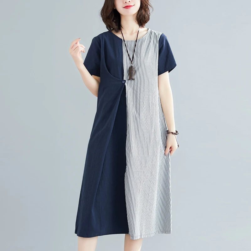 

Women Vintage Linen Dress 2022 Summer Patchwork Cotton Dress Short Sleeve Casual Loose Party Beach Maxi Long Vestidos Feminino