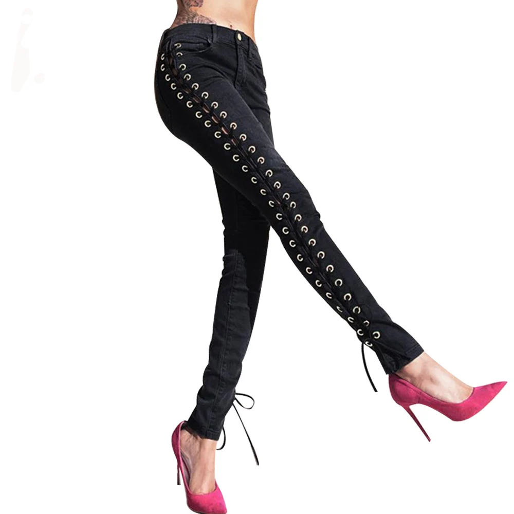 Черный белый цвет джинсовые штаны брюки осень 2017 г. женские с боковой шнуровкой