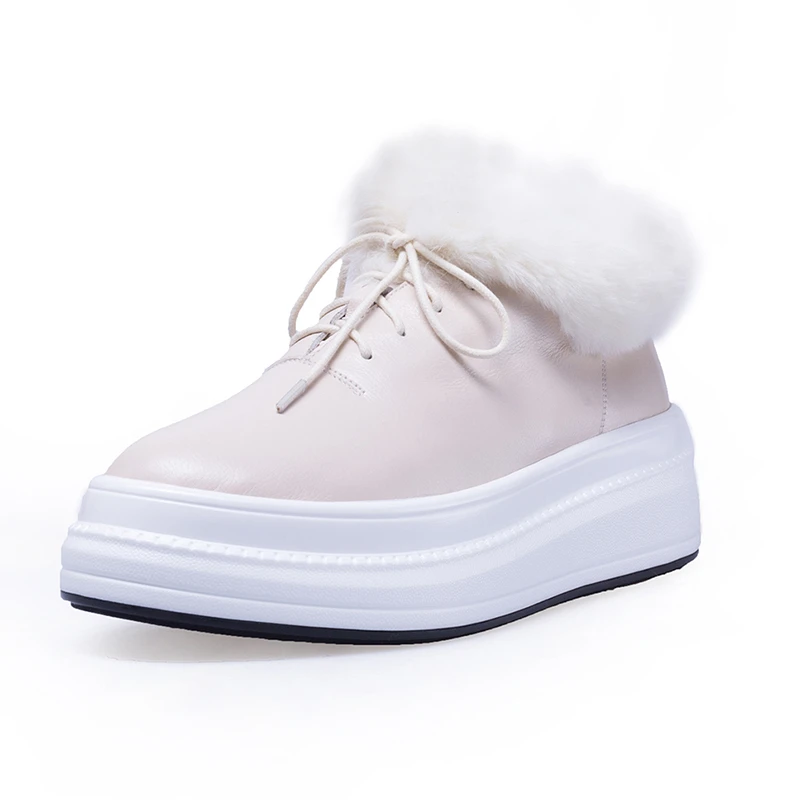 FUN VILLE New Women Ankle boots High Quality Genuine Leather Boots Autumn Winter Warm Boot Women Thick Platform Flats shoes - Цвет: beige