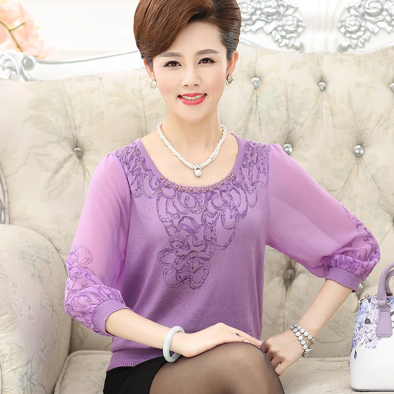 Women Spring Summer Loose Knit Blouse Shirt Plus Size 4XL Middle Aged 2019 New Chiffon Half Sleeve Printed Pullover Thin Tops |