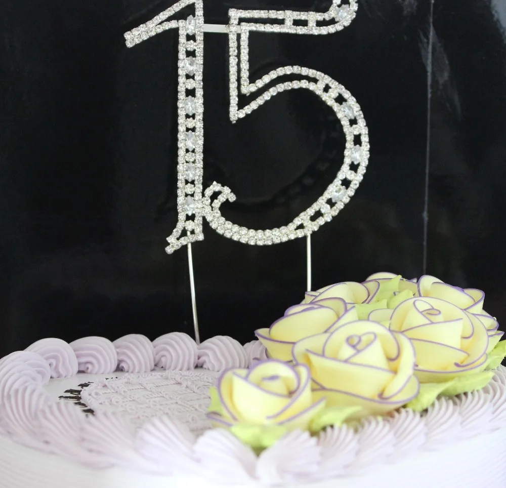 

ZMASEY 1Pcs Large Silver Plated Number 15 Rhinestone Cake Topper Wholesale for Birthday Party Decoration DIY Handwork