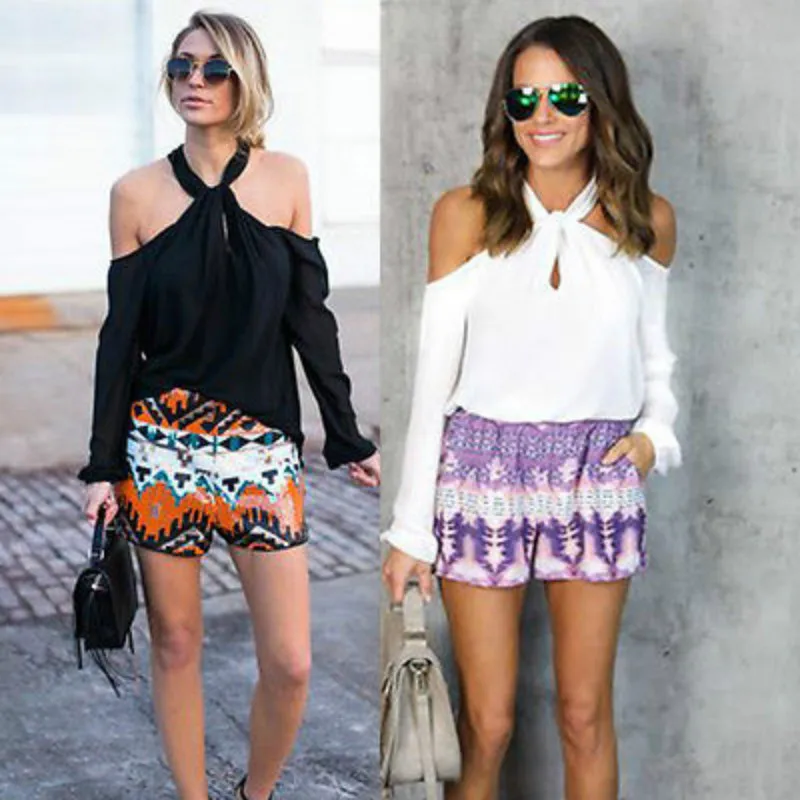 Женская шифоновая блузка с длинным рукавом открытыми плечами и лямкой на