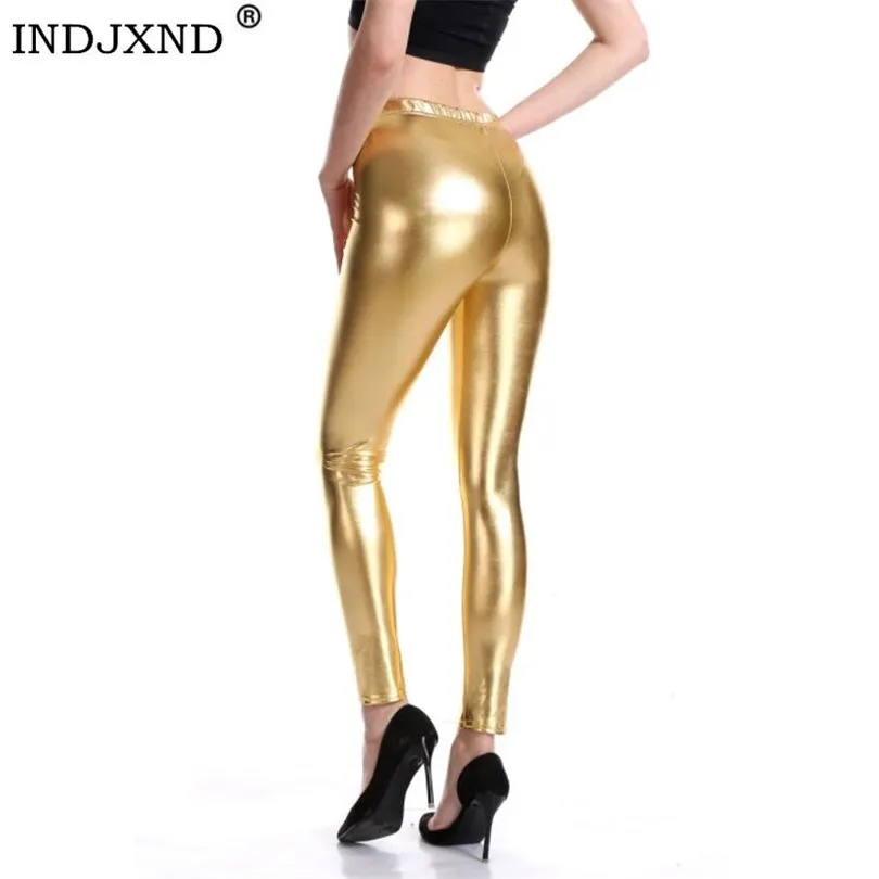 INDJXND Style Punk Rock PU Leather Faux Leather Leggings Women Trousers Purple Metallic Gold Shiny Sexy Shining Legging Fitness
