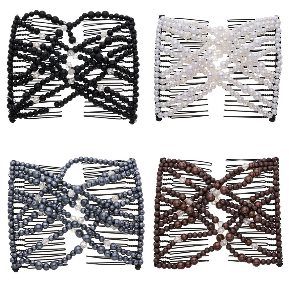 

4PCS Double Magic Slide Metal Comb Clip Hairpins Vintage Pearl Bead Stretchy Hair Combs for Women Ladies Hair Accessories Gift