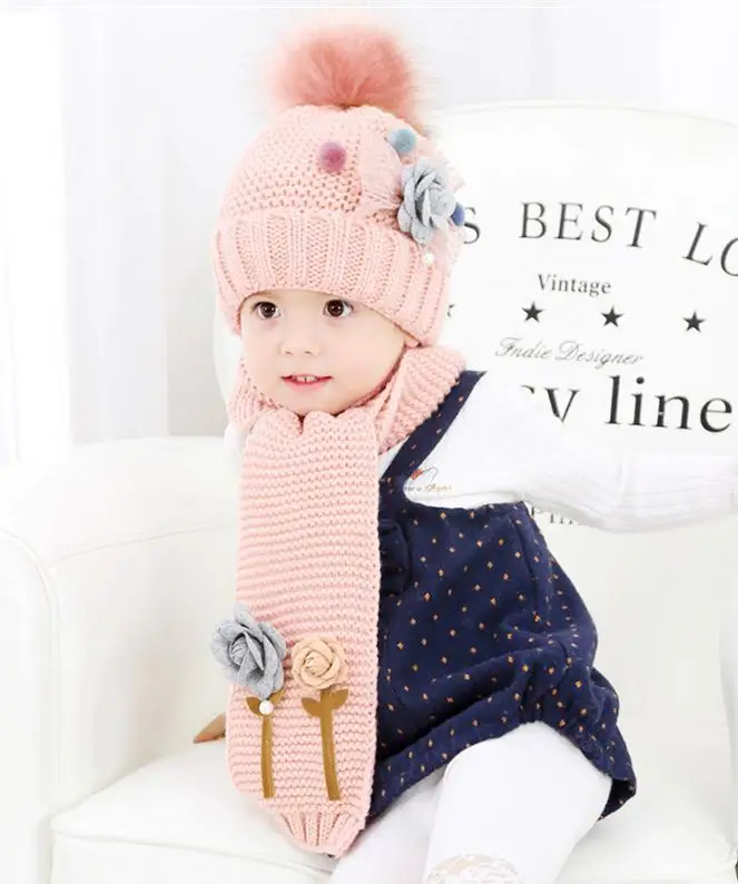 Doitbest/комплекты hailball beanies с цветочным принтом для детей от 3 до 8 лет, бархатные шерстяные вязаные меховые шапки для мальчиков, зимний комплект из 2 предметов, шарф и шапка для маленьких девочек