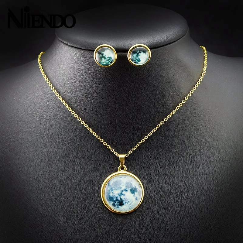 NIENDO Present Hot sale Fashion Women Stainless Steel solar eclipse Glass ball of universe sights pendant earrings Jewelry Sets | Украшения
