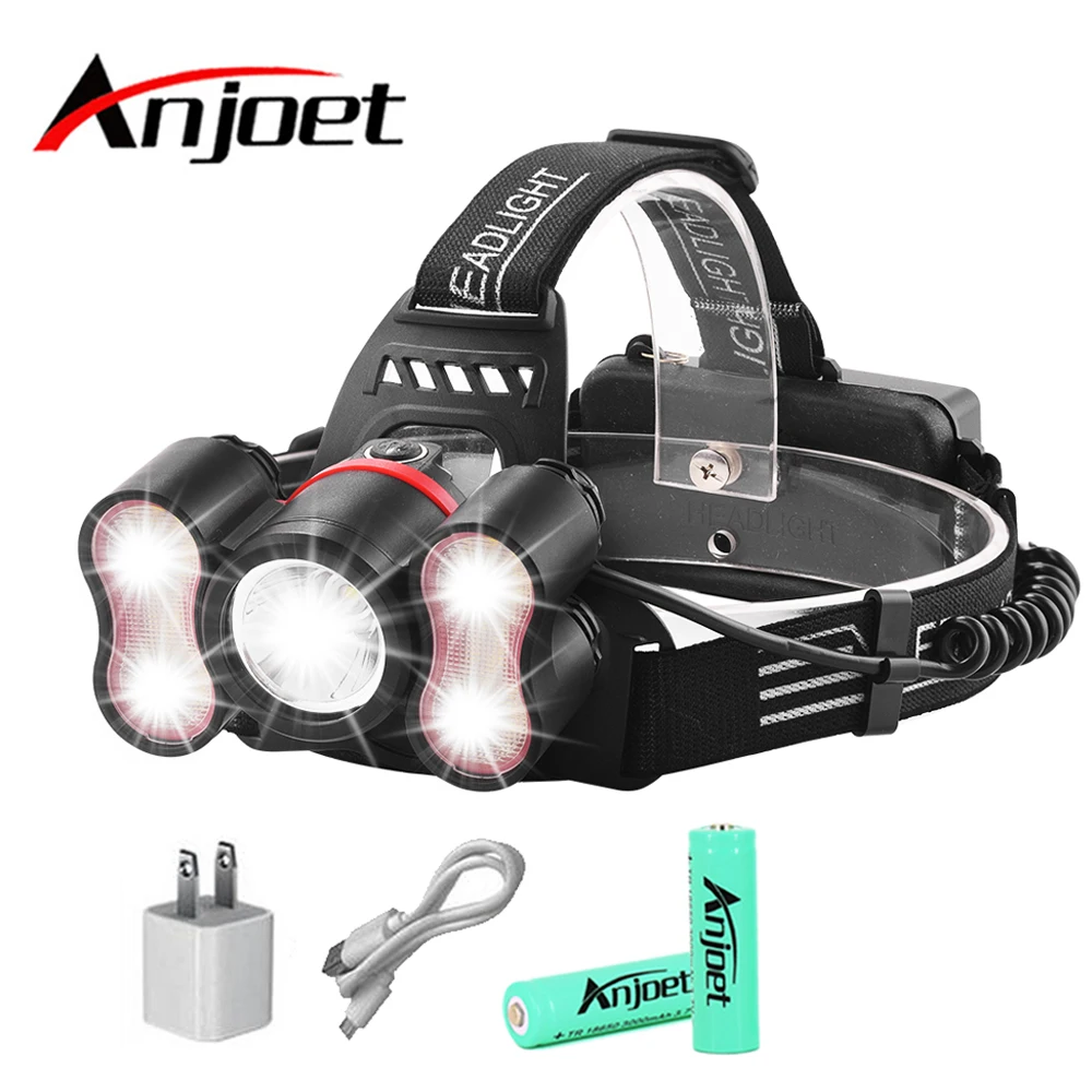 

5 LEDS super bright LED headlamp 10000 lumens led headlighr 4 switch modes fishing lamp Waterproof headlight +2x 18650 batteries