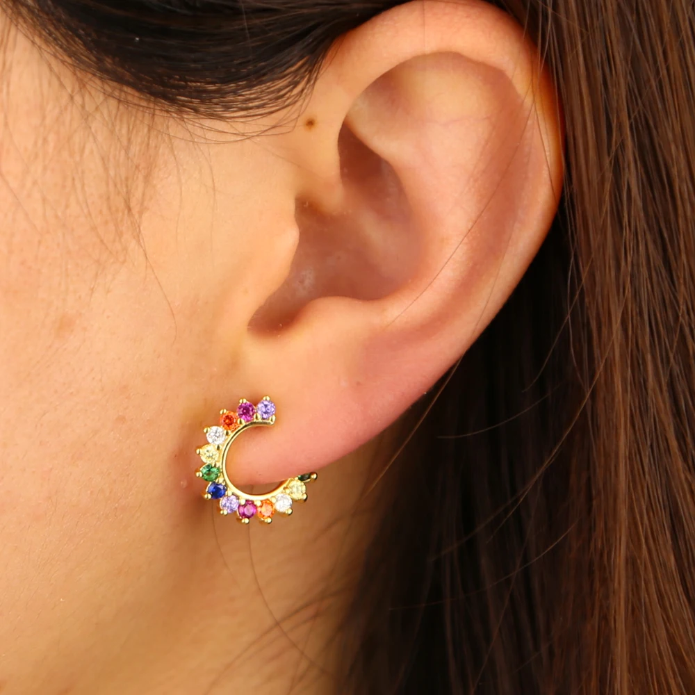 Передняя Задняя крышка Радуга Круглый фианит серьги-гвоздики в виде капель с