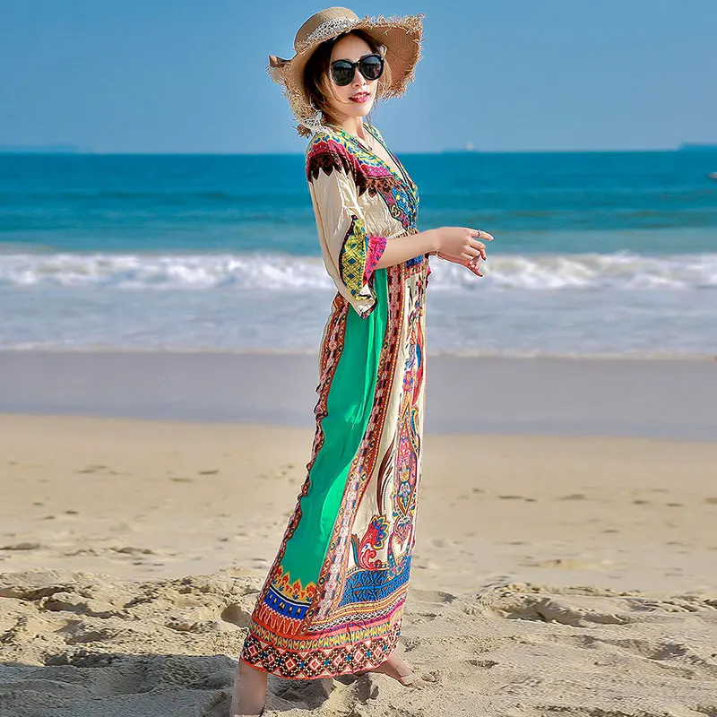 Весна Лето Длинное Платье женское 2019 модный принт сарафан этнический стиль