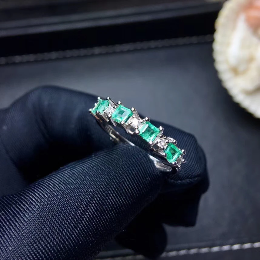 

fashion grace Row square S925 silver natural green emerald gem ring natural gemstone ring woman girl party gift fine jewelry