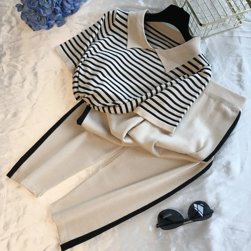 

Lapel stripe Short-sleeved Knitting Outfit + Wide-leg Pants Two-piece Suit Women Summer Fashion Knitting Trousers Sets