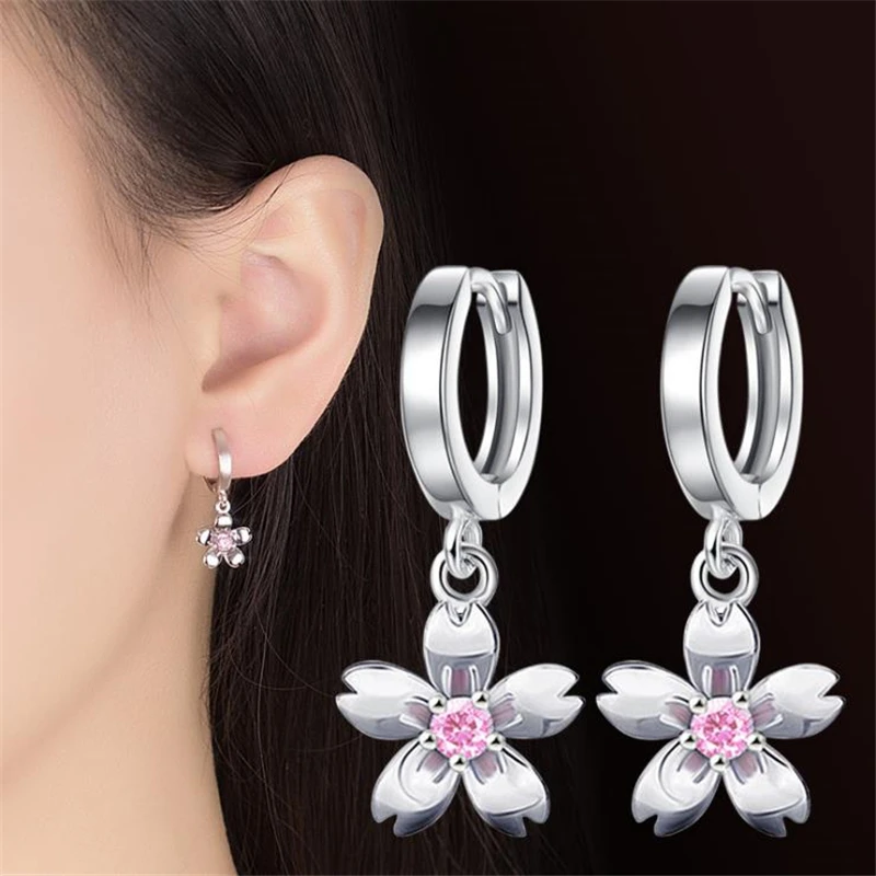 

KOFSAC New Fashion 925 Silver Earrings For Women Wedding Party Jewelry Charm Crystal Flower Earring Ear Hoop Bijou Accessories