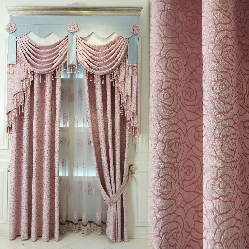 

Custom curtain new chenille jacquard pink rose simple modern garden festive embroidery cloth blackout curtain tulle valance E796