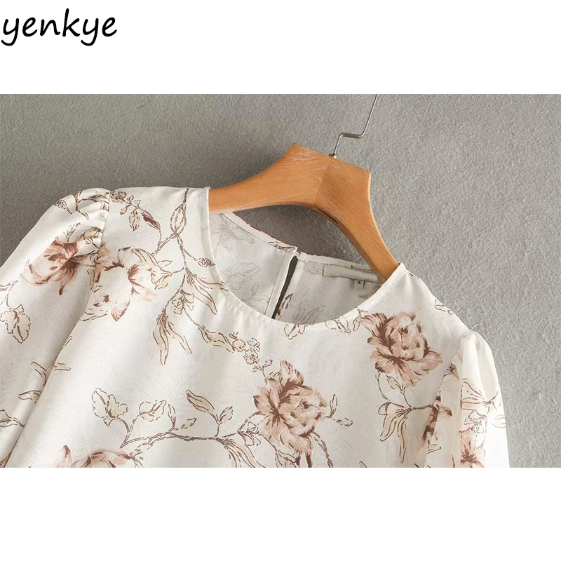 Мода 2019 Женская прерия шик Цветочный принт блузка Femme Круглый вырез короткий