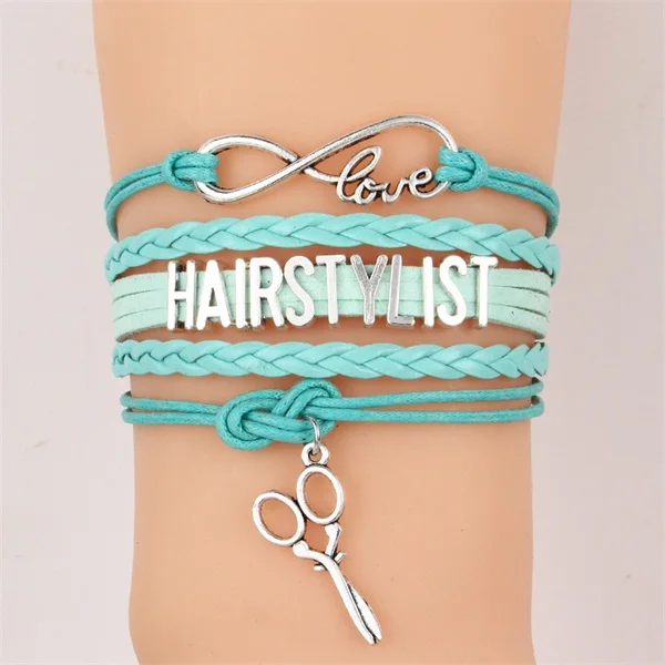 green Прямая поставка, бесконечность любовь HAIRSTYLIST браслеты и браслеты Ножницы Шарм плетеный кожаный браслет обертывание ювелирные изделия для барберов - Окраска металла: green