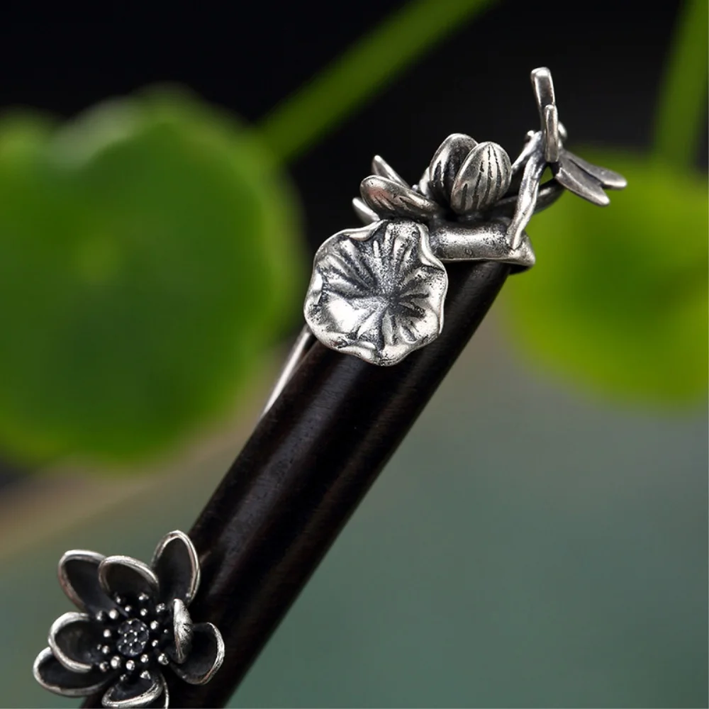 Серебряный 3d Лотос Ebony Hairstick винтажная китайская шпилька цветок Деревянная вилка для волос женские аксессуары для волос шпилька 18 см WIGO1285