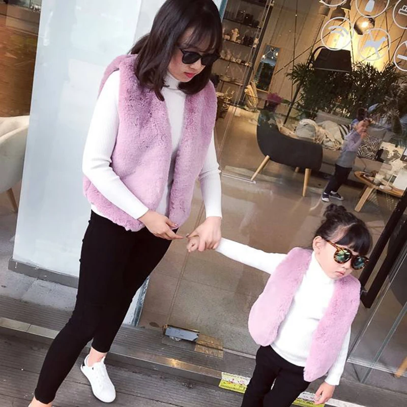 LILIGIRL Family Matching Vests Clothes Winter New Mother Daughter Christmas Faux Fur Imitation Rabbit Fur Vest Jacket Coat