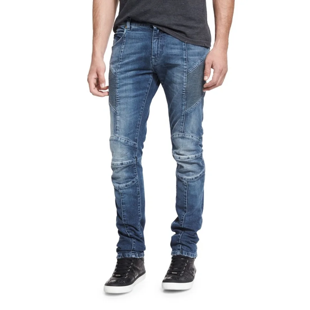 Мужские синие джинсы ребра Дизайн Biker Denim проблемных Рваные молнии брюк Slim Fit