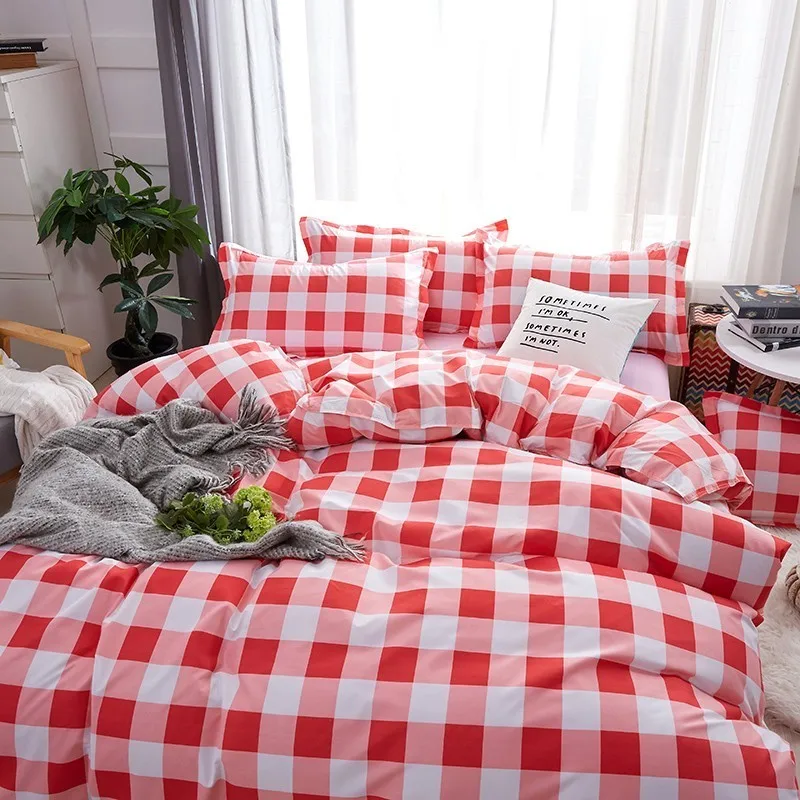 ?? Solstice ホームテキスタイル赤格子パターンのベッドリネンスウィートガールピンク寝具セット 3/4 個大人の布団カバー枕ベッドシート